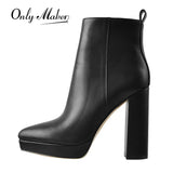 Onlymaker Women Ankle Boots Pointed Toe Black Matte Flock12CM Chunky Heel Platform Booties Party Shoes Large Size Short