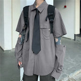 Gray Shirts Women Harajuku Detachable Sleeve Oversized Bf Gothic Blouse with Tie Vintage Streetwear Punk Autumn