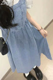 Preppy Style Slim Waist Solid Camisole Dress Women Sleeveless Blue Denim A-line Dresses Y2k Harajuku Korean