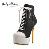 Onlymaker Women's Canvas Platform Lace Up Ankle Boots16cm High Heel Side Zipper Plus Size Fashion Sexy Stiletto
