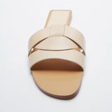 ZARZ Sandals Women's Flat Bottom 2022 Summer New Leather Cross Decoration Flat-Heeled Sandals Beige Lazy Slippers Women