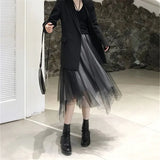 Black Tulle Patchwork Long Irregular Skirts Elastic High Waist A-Line Mesh Pleated Midi Skirts Vintage Punk