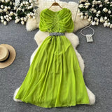 Fan Niche Design Pressure Folding Collar Button To Collect Waist Thin Temperament Medium Long Over Knee Chiffon