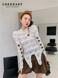 White Lace Top Spring 2022 Womens Fashion Long Sleeve Blouse See Through Cut Out Asymmetrical Designer Top