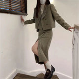 Vintage Temperament Sets Female 2021 Lapel Houndstooth Loose Suit Woolen Jacket High Waist Straight Split Skirt 2pcs