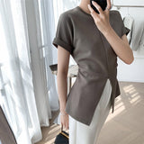 Split Flying Sleeves T Shirts Cotton Loose Elegant Office Lady Solid Women Sexy Tops Korean Fashion Summer Large