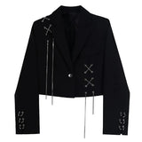 Women Punk Gothic Cropped Blazer with Metal Chain Harajuku Design Streetwear Chic Patchwork Suit Office Lady Commute Short