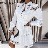 Women Hollow Out Plain Long Sleeve Shirt Dress Casual Dress Summer Mini