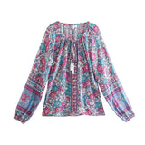Queens Women Floral Printed V-neck Lace-up Boho Blouse Shirts Ladies Rayon Long Sleeve Bohemian