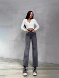 Explosion Water Wash Denim Thin Straight Trousers Retro Old High-Rise