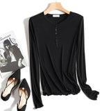 Thin Sexy Elasticity T Shirt Women T-Shirt Long Sleeve Tshirt 2021 Button V Neck Tops Summer Korean Fashion Clothing