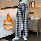 Fashion Winter Warm Plush Plaid Pants Women Casual Loose Wide Leg Trousers Korean Streetwear Straight Student Pants