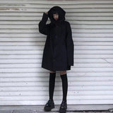 Harajuku Black Jacket Women Dark Academic Long Sleeve Loose Hooded Midi Outwear Bf Streetwear Oversized Casual Capes