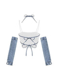Women Sexy Crop Top Off Shoulder Removable Sleeves Y2k Tank Top 90s Vintage Streetwear Fashion Bandage Butterfly Tube Top