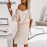 Women Chic Skew Collar Crop Top Letter Print Silt Drawstring Casual Skirt