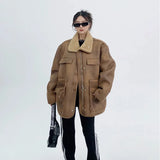 Imitation Lamb Fur Jacket for Women Elegant Lapel Thicken Warm Overcoat New Chic American Vintage