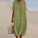 V-neck Short Sleeve Pleated Long Dress Simple Solid Color Loose Women Dress 2023 Summer Beach Cotton Linen Dress