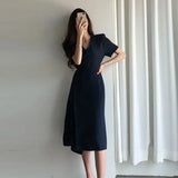 Elegant V Neck Dress Women Vintage Short Sleeve Lace Up High Waist Chic Midi Dress Korean Slim Bandage Button