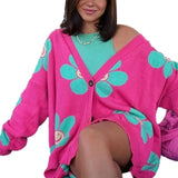 Women Y2K Grunge Vintage V-neck Ribbed Trim Sweaters Jacket Heart/Flower Print Button-down Cardigan Fall
