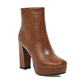 Platform Women Boots Faux Leather Square High Heel Ankle Boots Zipper Boots Autumn Winter Ladies Shoes Black