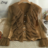 Style Vintage Velvet Blouse Women Elegant Ruffles Mesh Shirt Autumn Office Ladies Button Long Sleeve Oversized Shirt