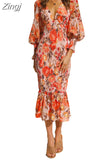 Elegant Women Spring Autumn Dress Floral Leaves Print V-neck Puff Long Sleeve Elastic Waist Slim Fit Ruffle Hem