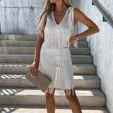 Sleeveless V-Neck Summer Mini Party Dress Ladies Fashion Solid Color Fringe Satin Dress Ladies Slim Hip Dresses 2023