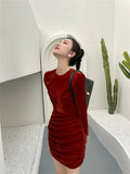 Red Puff Sleeve Velvet Dress Women Long Sleeve Bodycon Ruched Korean Fashion Ladies Mini Elegant Evening Dress