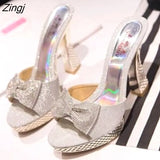 Women Platform High Heels Slippers Bowknot Design Glitter Bling Wedges Sandals Sexy Peep Toe Women Nightclub Party Wedding
