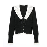 Fashion Women Sweaters Sweet Patchwork Ruffled Knitted Sweater Vintage Peter Pan Collar Pull Femme Winter Pullovers