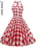 Halter Cocktail Party Dress England Style Summer Casual Swing Plaid Printed Hepburn Pin Up Office Rockabilly