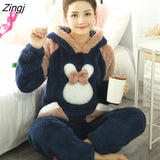 New Autumn Winter Women Flannel Pajamas Set Bear Hooded Pajamas Sleepwear Coral Fleece Thickened Warm Pyjamas Home