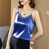 Silk Women Blouses Tops Woman Satin Lace Blouse Shirts Women Sleeveless V-neck Shirt Top 2023 Woman White Top