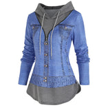 Denim Jacket 3D Print O Ring Zipper Hooded Faux Twinset T Shirt Women False Two Piece Long Sleeve