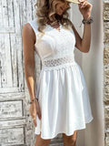 Women White Mini Dress Elegant Lace Dress Female V Neck Sleeveless Short Dress Ladies Hollow Out High Waist Dress