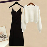 Women Spring Two Pieces Sets Korean Long Sleeve Knitted Sweater Cardigan And Ruffles Patchwork Mesh Long Dress