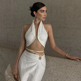 Zingj Style 2023 Summer Women's Wear Sexy V-Neck Design Sense Hook Buckle Dew Back Hanging Neck