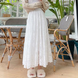 White Black Lace Midi Skirts Female Summer Embroidery Mesh Long Saia 2021 Women'S Elegant Boho High Waist Pleated