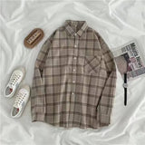 Women Plaid Shirts Loose Oversize Long Sleeve Button Up Fall Shirt Casual Pocket Female Tops Korean Black
