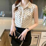 Printing Silk Polka-dot Women Blouses and Tops Summer 2023 Single Breasted Women Shirts Sleeveless Clothing Blusas