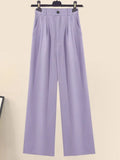 Women Summer Purple 3 Pieces Set 2023 Fashion Short Vest+long Sleeve Backless Chiffon Sunscreen Blouse+wide Leg Long Pants