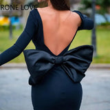 Women Solid Elegant Bowknot Backless Off Shoulder Sleeves Mini Bodycon Formal Party