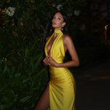 Zingj Summer Women's Sexy V Neck Hanging Back Dress Temperament Slit Dress