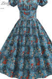 Dress Women Puff Sleeve Swing Vintage Dresses Robe Femme Elegant Floral Print Pin Up Party Dresses