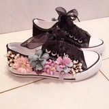 Wedges Canvas shoes Women's casual shoes Women's handmade custom Three-dimensional sequins Flowers White