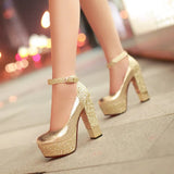 Gold Silver Platform Women Heels Sequined Chunky High Heel Pumps Summer Party Wedding Lady