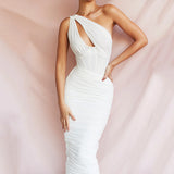 Diagonal Collar Ruched Dress Women Solid Summer Backless White Club Outfits Sexy One Shoulder Hollow Out Party