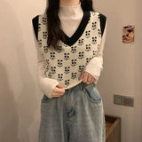Vintage Harajuku Print Knit Vest Fall Women V-Neck Sweater Vests Fashion Loose Sleeveless Y2k Waistcoat Korean