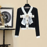 Fall Winter Knitwear Two Piece Sets For Women Outfits French Vintage Fragrance Bow Bandage Knitted Sweater+Plaid Skirt