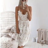 Queens Vintage Women Solid V-neck Sleeveless Backless Hollow Out Beach Midi Dress Ladies Bodycon Lace White Boho